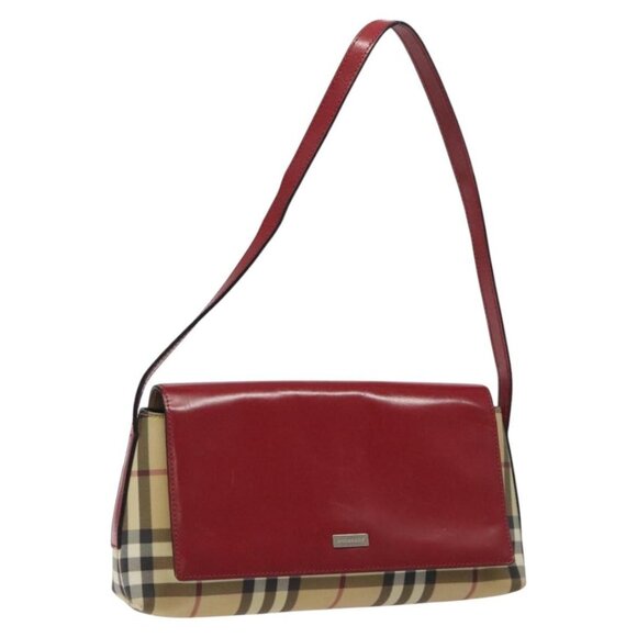 BURBERRY Nova Check Shoulder Bag PVC Leather Beige Red Auth - Picture 1 of 16